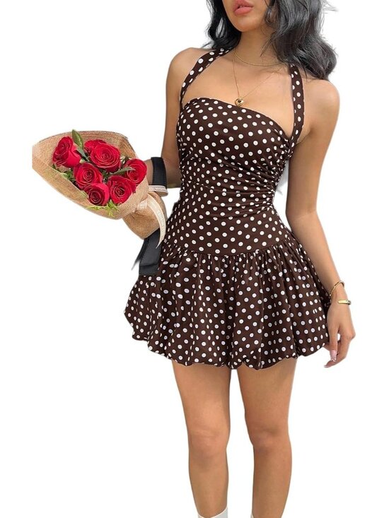 Dresses & Skirts - Women's Brown Polka Dot Sleeveless Halter Neck Backless Imported Mini Dress
